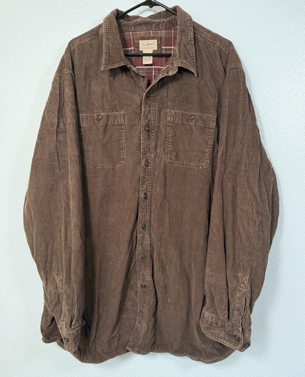 L.L.Bean XXL Tall Brown Corduroy Plaid Lined Shirt Jacket Chore Overshirt Men
